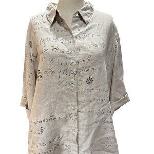 Chico’s Linen Script Print Button Up Shirt Size 3 XL Neutral Artsy Blouse